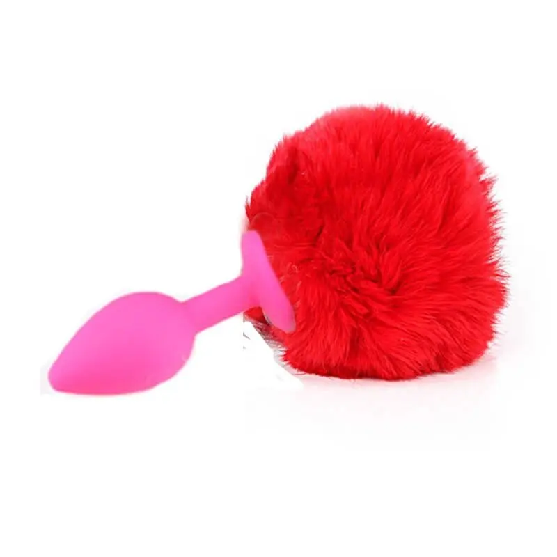 Розовая анальная втулка с пушистым красным хвостиком зайки |