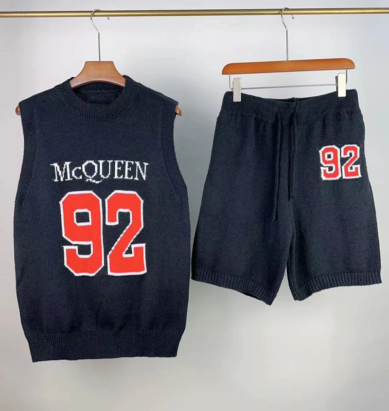 

Black Classic McQueen T Shirts Vest Set Men Women Summer Loose Casual Tank Tops Shorts Suit Real Photo One Day Shipped Out