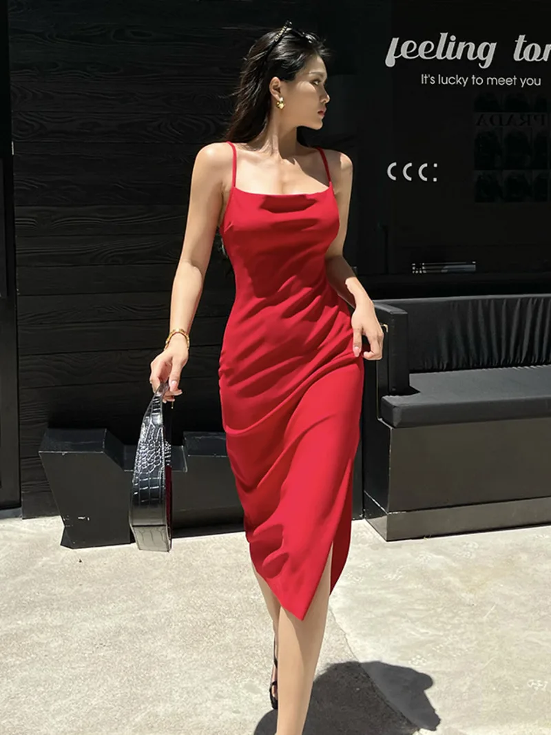 

Sexy WOMENGAGA Strap Red Long Dress Elegant For Women's Summer New High Waist Slim Split Dresses Fashion Sexy Korean Women FV1H