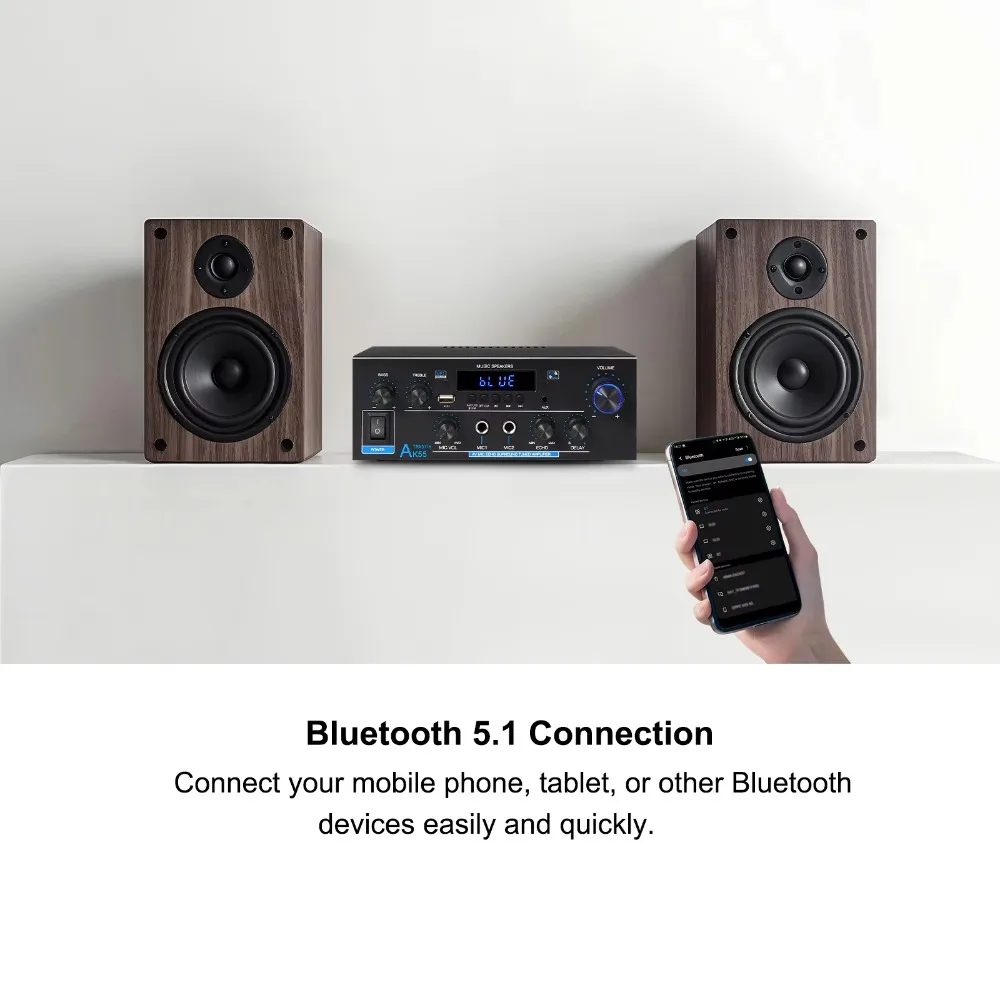 AK55 900W Hi-Fi стереоусилитель Bluetooth 5.1 RMS70W+70W с двумя входами для микрофона, USB, TF, AUX, домашний караоке-усилитель, цифровой аудиоусилитель (art.: 3920db1c2ff31) - 3920db1c2ff31
