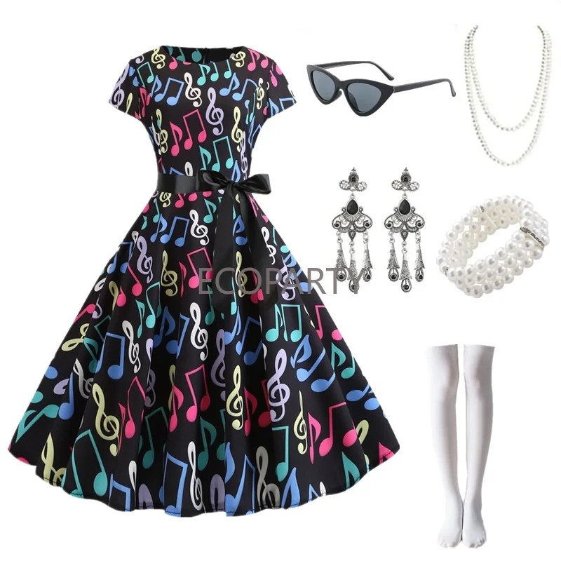 

2023 New Fashion Laid Print Vintage Dress Women Summer Floral Swing Party Mini Dresses Hepburn 50s 60s Retro Elegant Robe 6-PCS