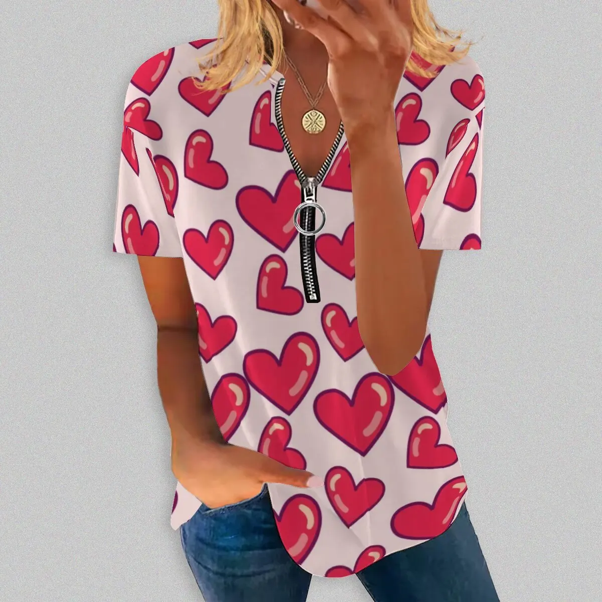 

Летняя новинка, Модный женский топ с круглым вырезом и длинным принтом на молнии, с коротким рукавом, повседневная фотография