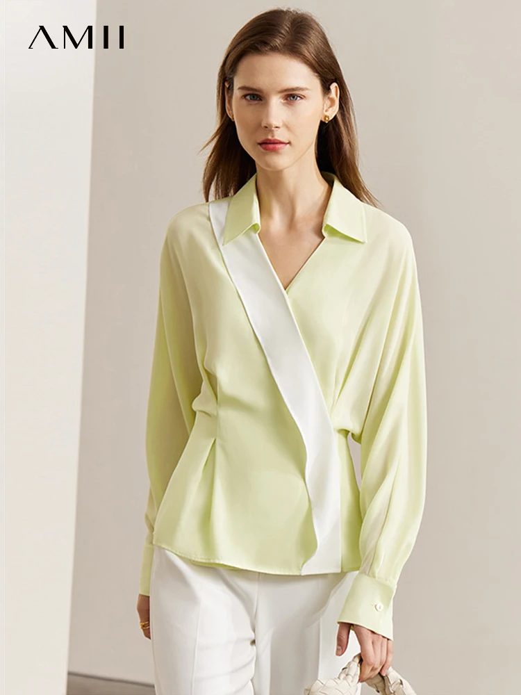 Шифоновая рубашка AMII в минималистском стиле, весна 2023, топы в стиле пэчворк с отложным воротником, женские пуловеры, шикарные модные рубашки и блузки, 12321052