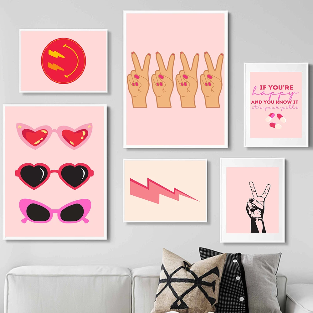 

Pink Poster Pills Illustration Wall Art Print Girl Hand Gestures Sunglasses Happy Smiley Fashion Canvas Painting Room Home Decor