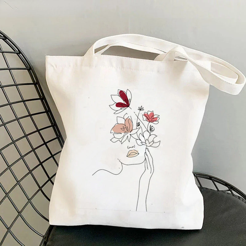 

Minimal Line Drawing Print Pattern Shopping Bag Harajuku Reusable Shopping Canvas Bag Casual Handbag Book Storage Bag