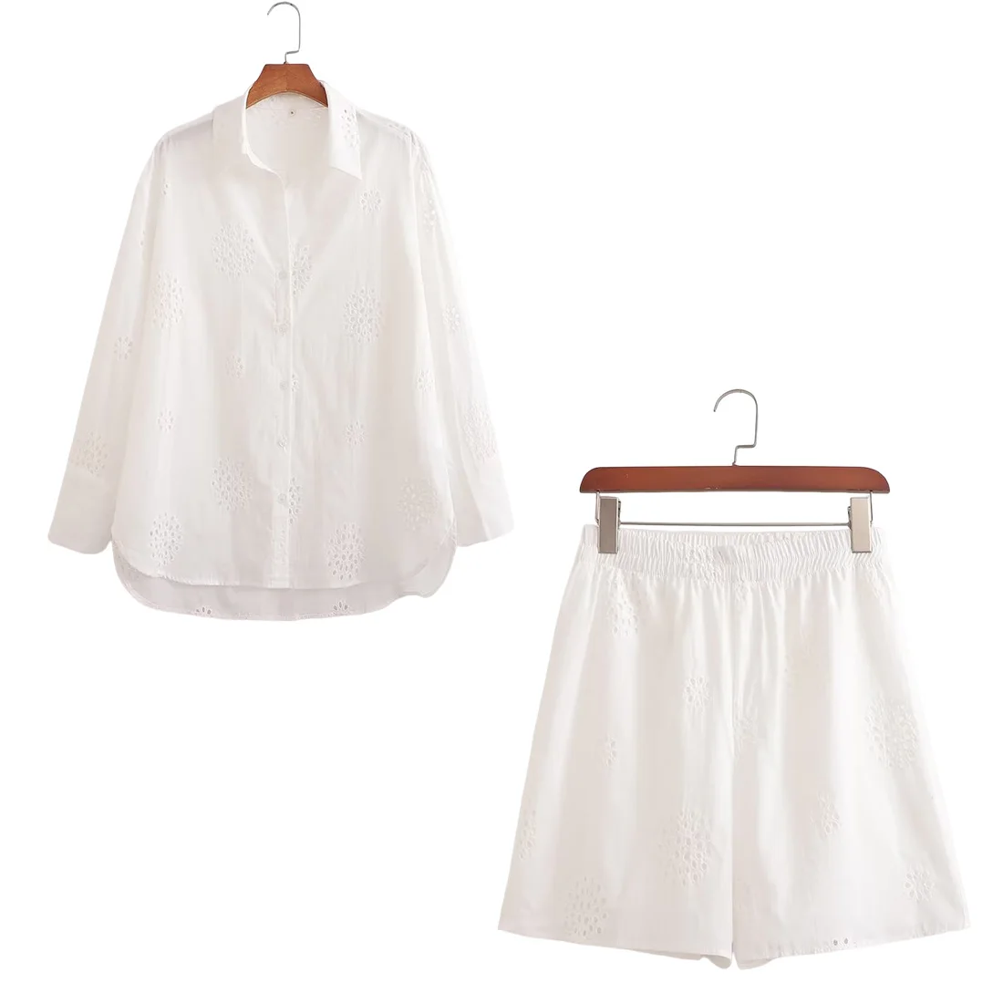 

HDIMM Fashion Women Shirts Shorts Set Summer White Embroidery Women Shirts Set Ladies Elegant Matching Two Pieces Set Clothes