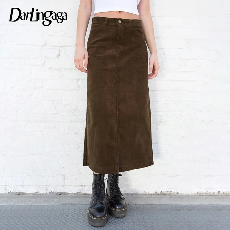 

Darlingaga Vintage Brown Corduroy Autumn Skirt Ladies Elegant Solid Slit Harajuku Long Skirt Straight Office Street Style Bottom