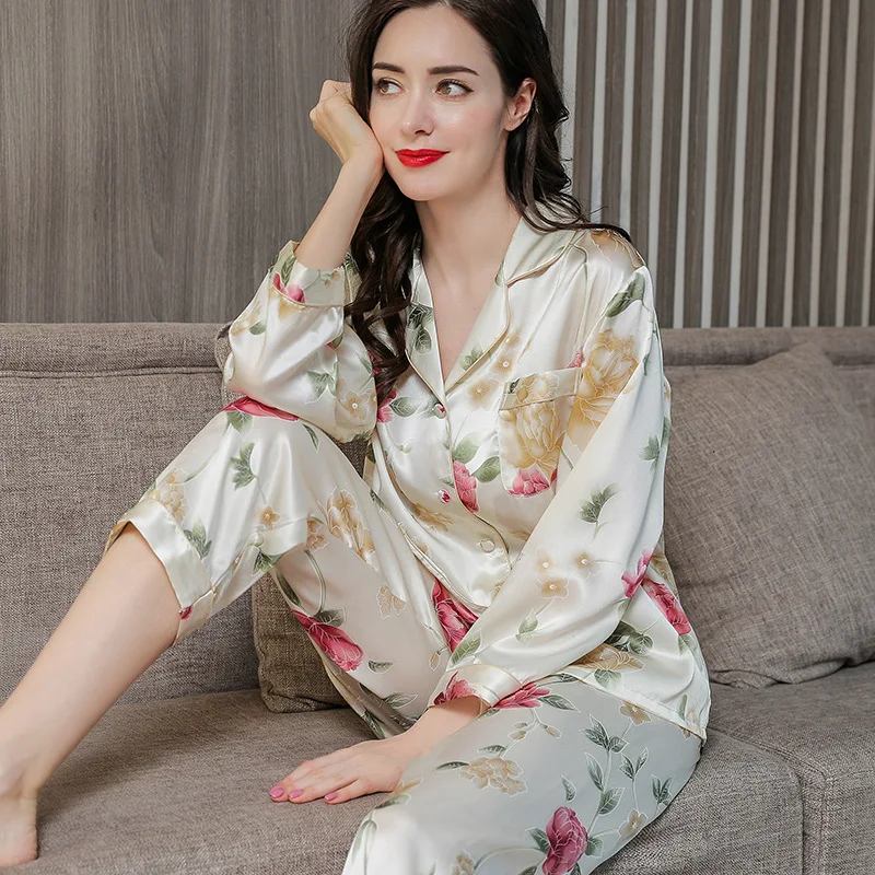 2022 NEW Spring Autumn 19mm 100%Silk Pajamas Set Women Silk Print Homewear Sleepwear Beige High Quality Clothing