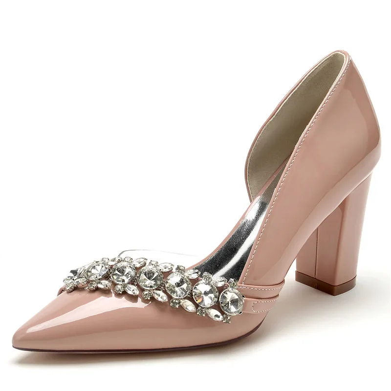 

High Block Heel Women Shoes Pointed Toe Slip on Formal Party Dance Pumps Patent Leather Rhinestones Prom Evening Chunky Heels