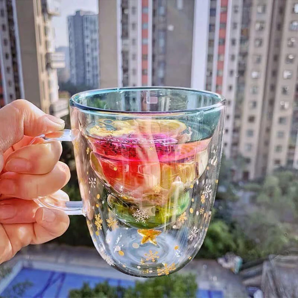 

300ml Christmas Tree Transparent Water Glass Heat-resistant Double-layer Glass Cup with Lid Coffee Cup Cute Girl Christmas Gift