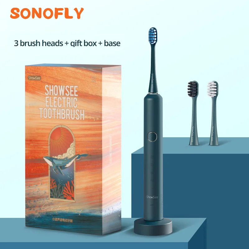 

Зубная щетка электрическая SONOFLY ShowSee IPX7, моющаяся отбеливающая с 3 насадками для чистки зубов, 5 режимов, длительный срок службы батареи D2