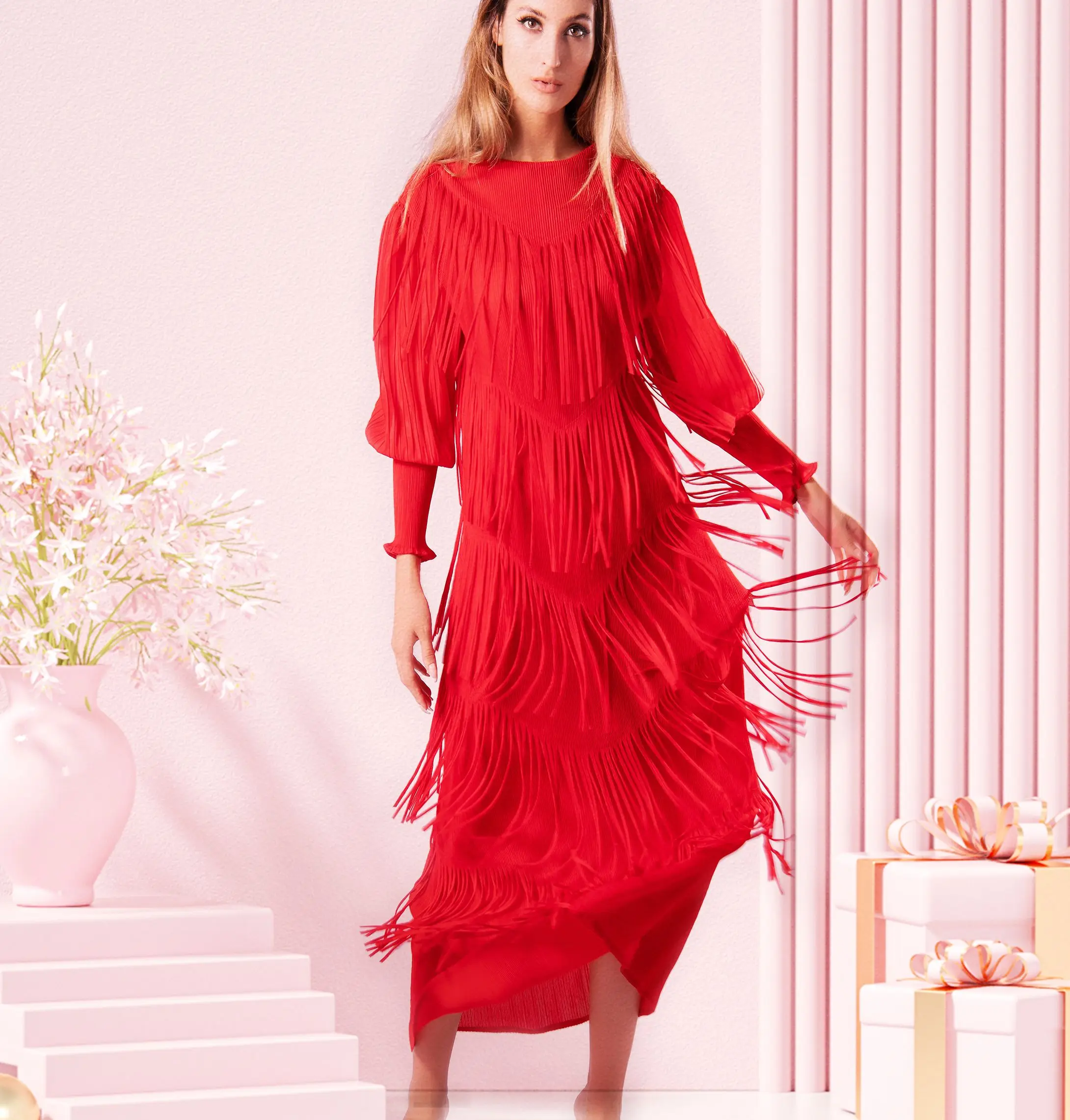 Miyake2022 Elegant Red Long Sleeve Ruffle Fringe Dress For Women,Autumn,Vestidos De Mujer Casual Robe Du Soir Luxury Pink Green