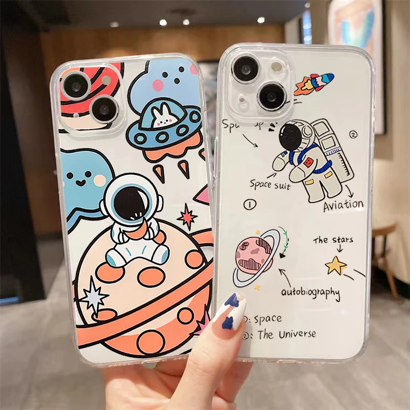 

Cartoon Astronaut Clear Phone Case For iPhone 13 12 Pro Max Mini 11 Pro X XR XS Max 6 6S 7 8 Plus Se2 Cases Black Cover TPU