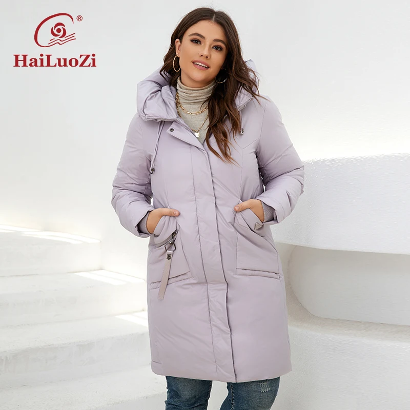 HaiLuoZi 2022 Women's Winter Jackets Plus Size Padded Warm Big Pockets Hooded Zipper High Quality Female Parkas Women Coat 6026