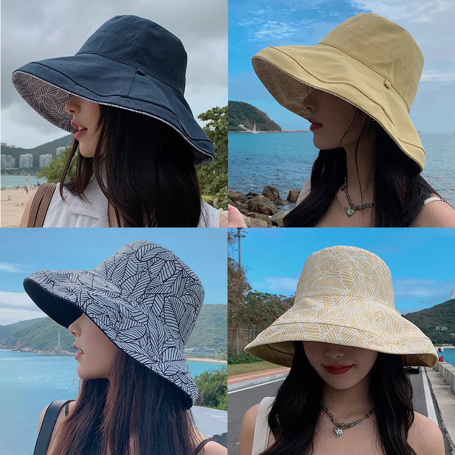 

New Spring Summer Double Side Reversible Beach Sun Hat Woman Girls Y2k Outdoor Travel Vacation Fisherman Cap Wide Brim Visor Hat