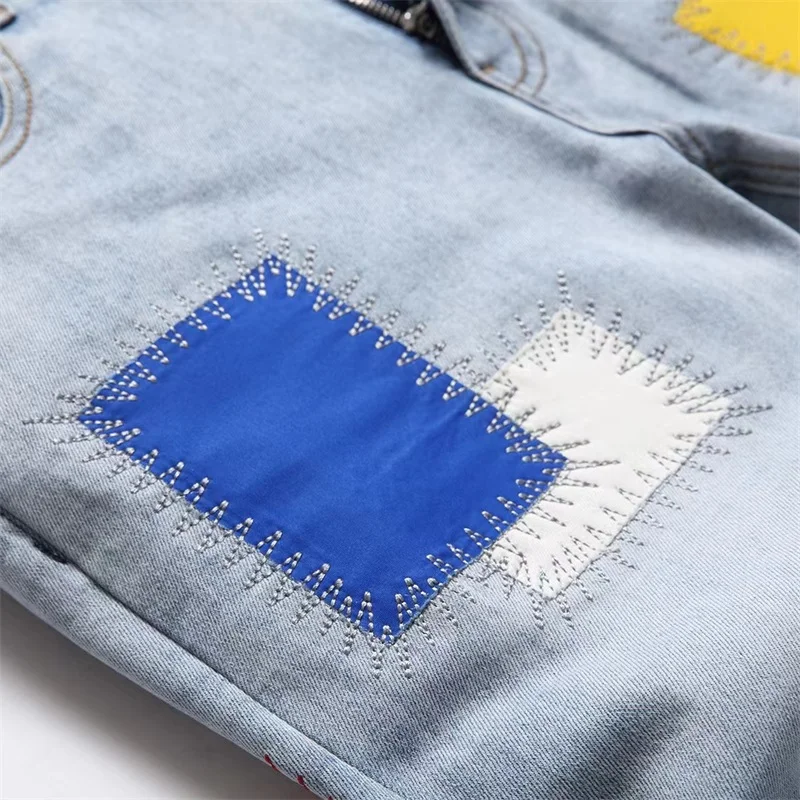 EH·MD® Men Jeans Embroidered With Rainbow Square Cloth Pure Cotton Stretch Slim Pants Scraped White Wearable High Street Fashion