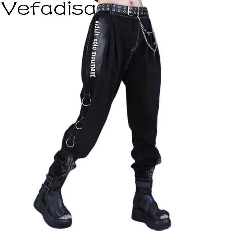 

Vefadisa 2022 Spring Letter Print Fashion Denim Pants Street Style Handsome Ripped Hole Loose Slim Denim Harem Pants TT1176