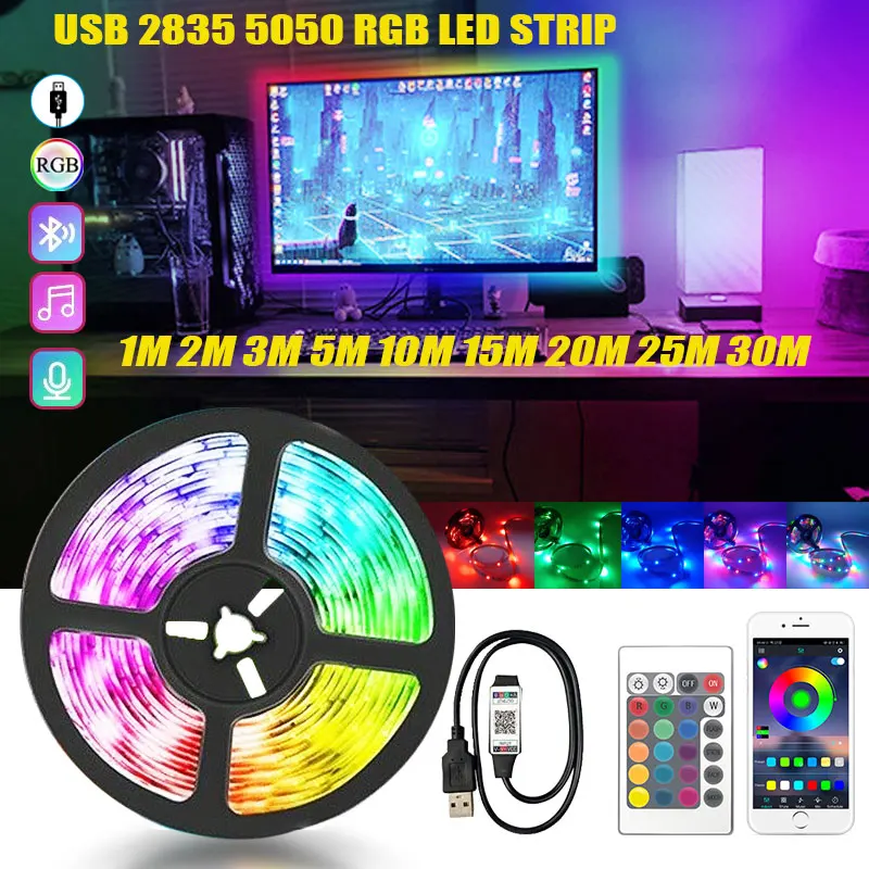 USB RGB LED Strip Light 2835 5050 1M 2M 3M 4M 5M DC 5V Gaming Backlight Flexible Ribbon Decor Screen TV Warm White Lighting Tape