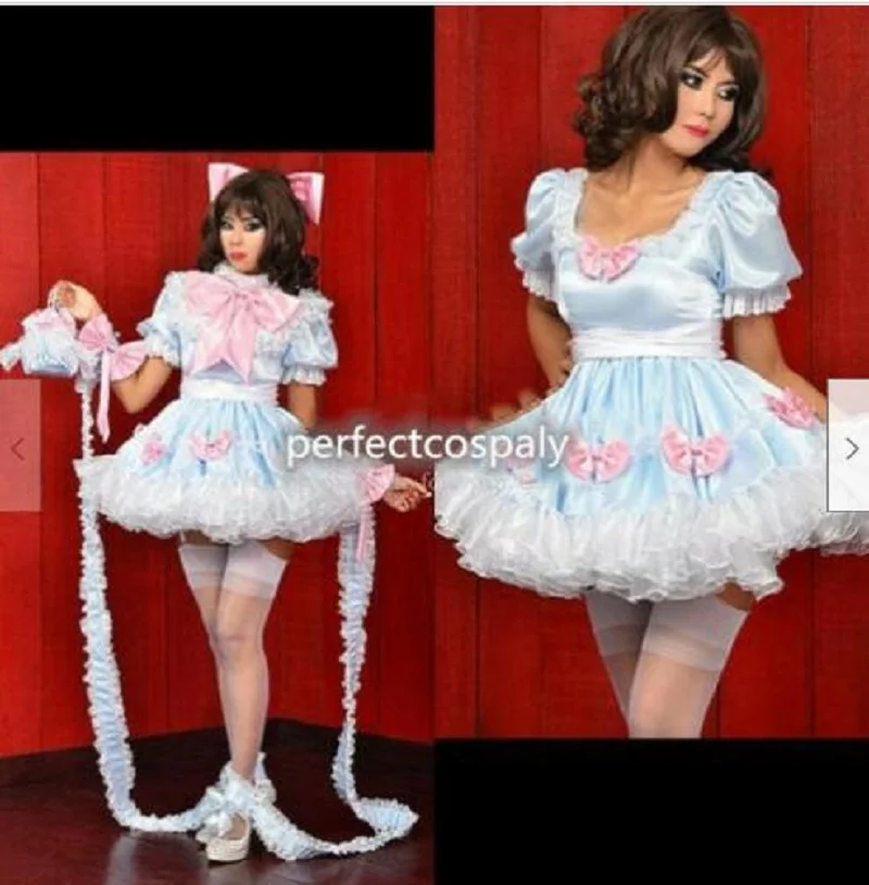 

French Sissy Maid Adult Baby CD / TV Blue Satin and Organza Stitched Bandage Dress Short Can Be Customized