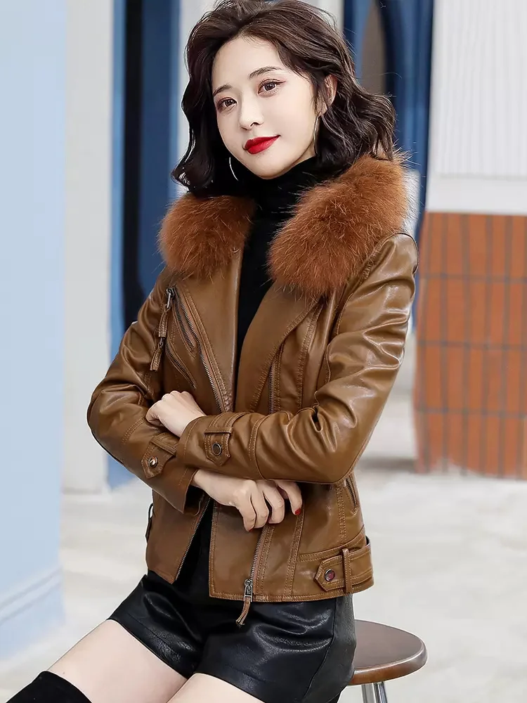 New Women Sheepskin Jacket Autumn Winter Fashion Fox Fur Collar Plus Velvet Lining Thick Warm Leather Biker Jacket Split Leather
