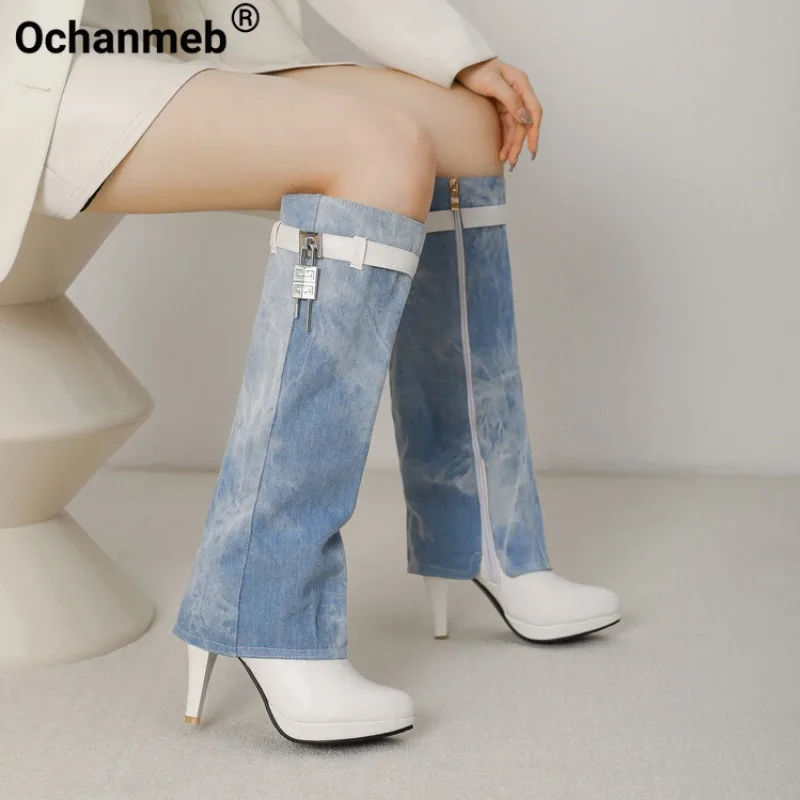 

Ochanmeb Women Stiletto Jeans Boots Belt Metal Lock Thin High Heel Knee-High Denim Boots Chic Zipper Woman Platforms Shoes 33-43