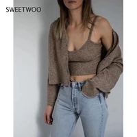 new womens solid khaki cardigan knitted sweater casual two pieces set fashion streetwear sexy female tops fashion tide chic ins