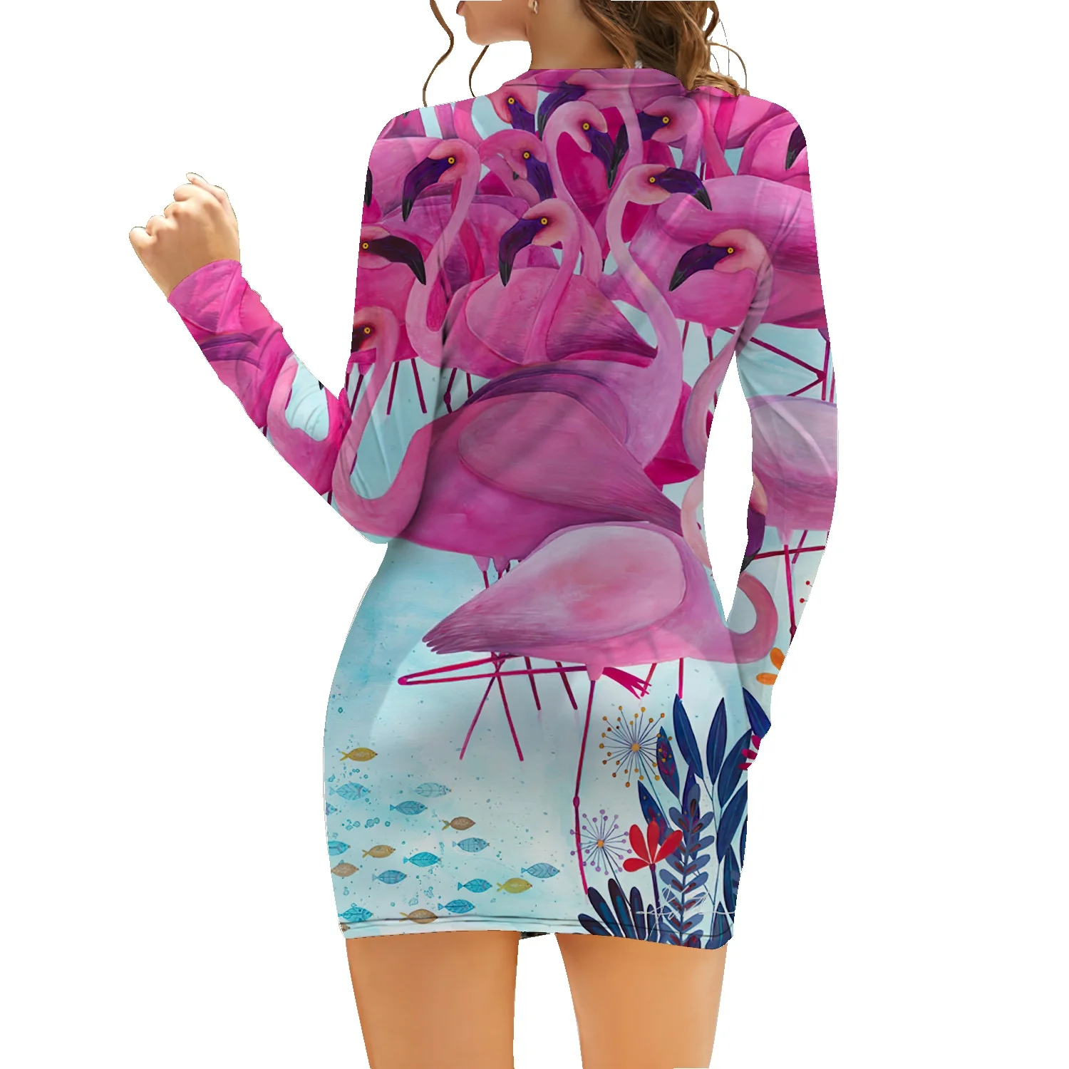 

2022 New Flamingo Fashion Print Casual Ladies Dress Long Sleeve Slim Bag Hip Sexy Cotton Short Skirt
