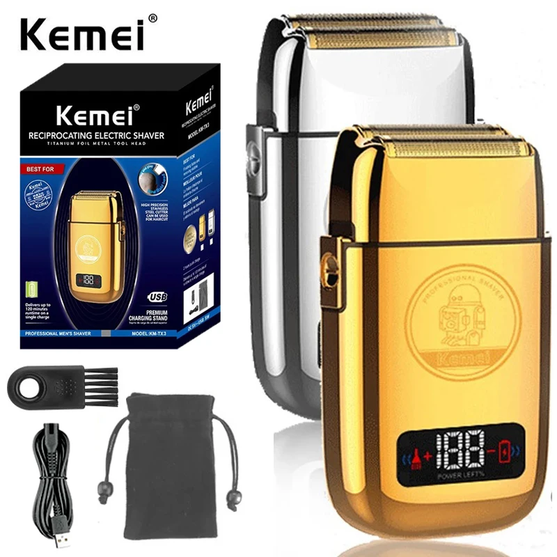 

Kemei Tx3, металлический корпус, аккумуляторная бритва для мужчин, волос, бороды, электрическая бритва, профессиональная бритва с лысой головой