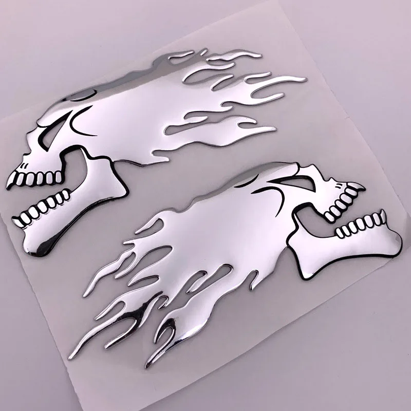 

2Pcs Silver Fire 3D Ghost Skull Head Auto Motorcycle Car Sticker Emblem Decals