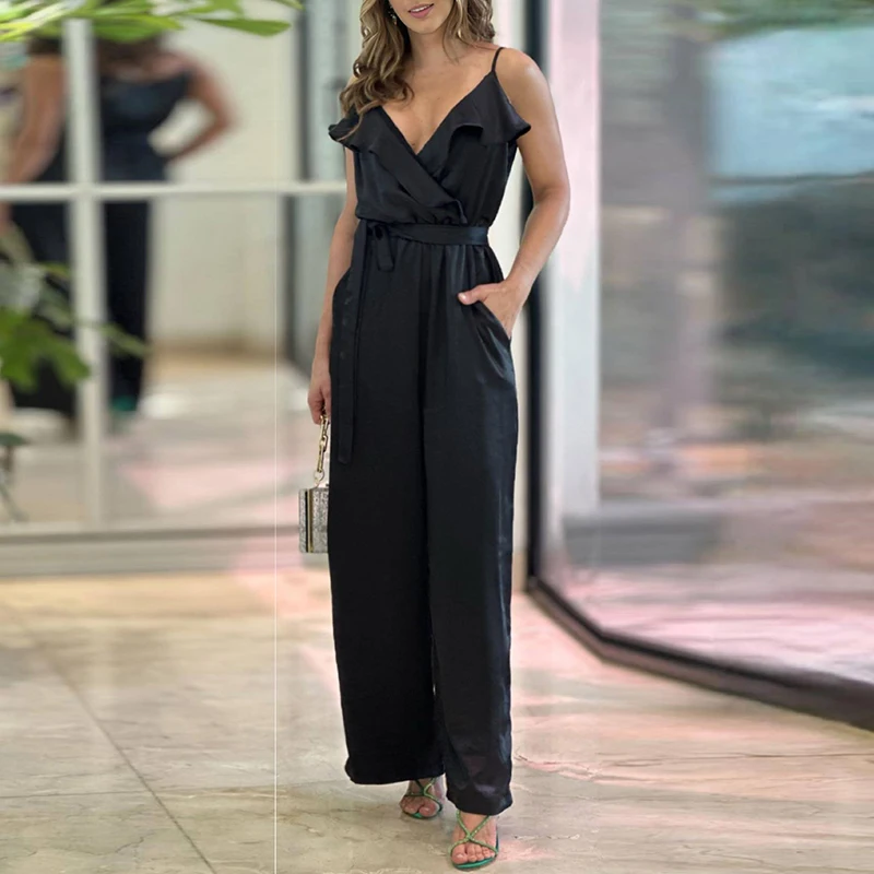 

Летний Повседневный сексуальный комбинезон на бретелях-спагетти с оборками и V-образным вырезом без рукавов, Женский однотонный пляжный ко...