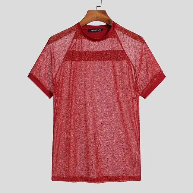 

2022 American Top Men's Solid Color Raglan Sleeve Stretch T-Shirt Sexy Glitter Short Sleeve Thin T-Shirt S-5XL