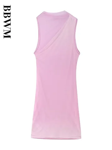 Folds Tulle Dress Woman Pink Bodycon Short Dress Women Translucence Dresses 2023 Summer Vintage Sleeveless Dress Chic Female