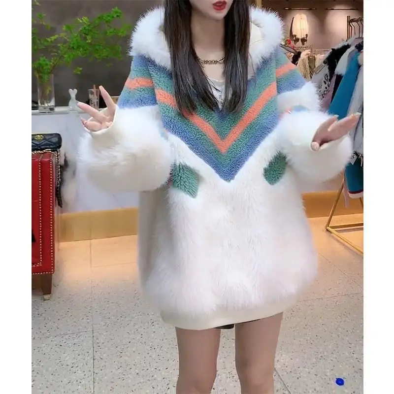 Striped lambswool tops faux mink fleece patchwork hooded ladies jumper 2YK long loose Harajuku sweet jacket plus fleece