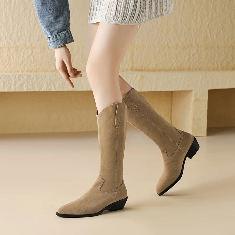 Женские замшевые ковбойские сапоги элегантные до колена с острым носком на