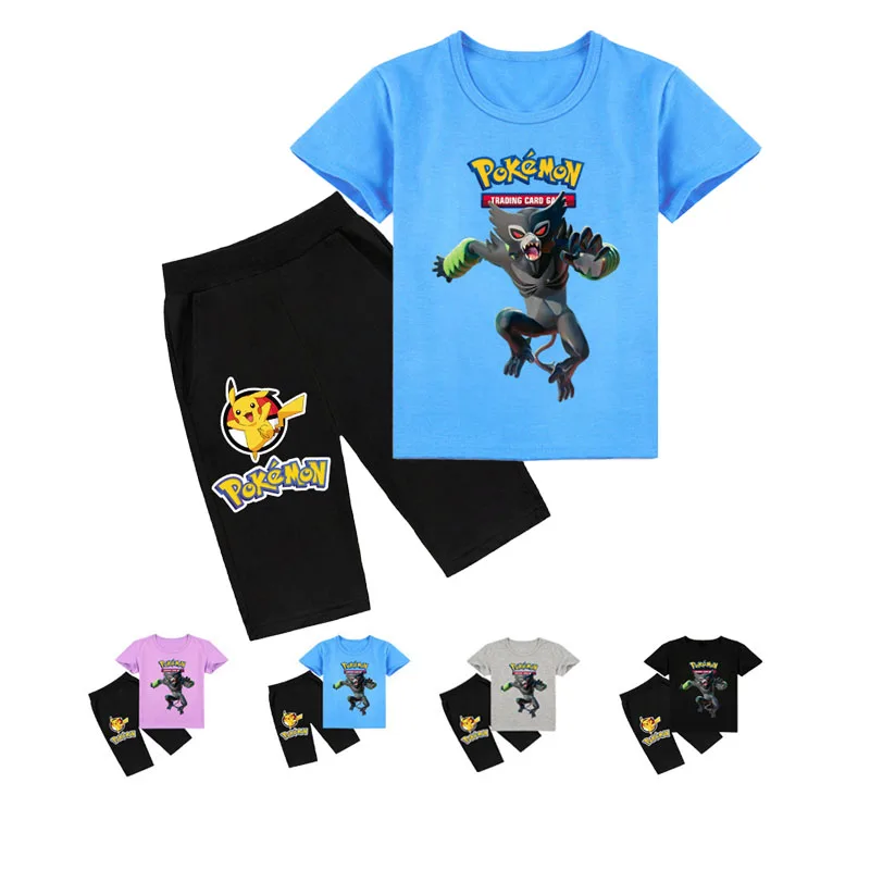 

Kawaii Pokemon Kids Summer Clothes Clothing Casual O-Neck Short-sleeved T-shirt + Short Pants Suit Clothes Set Kids Clothing