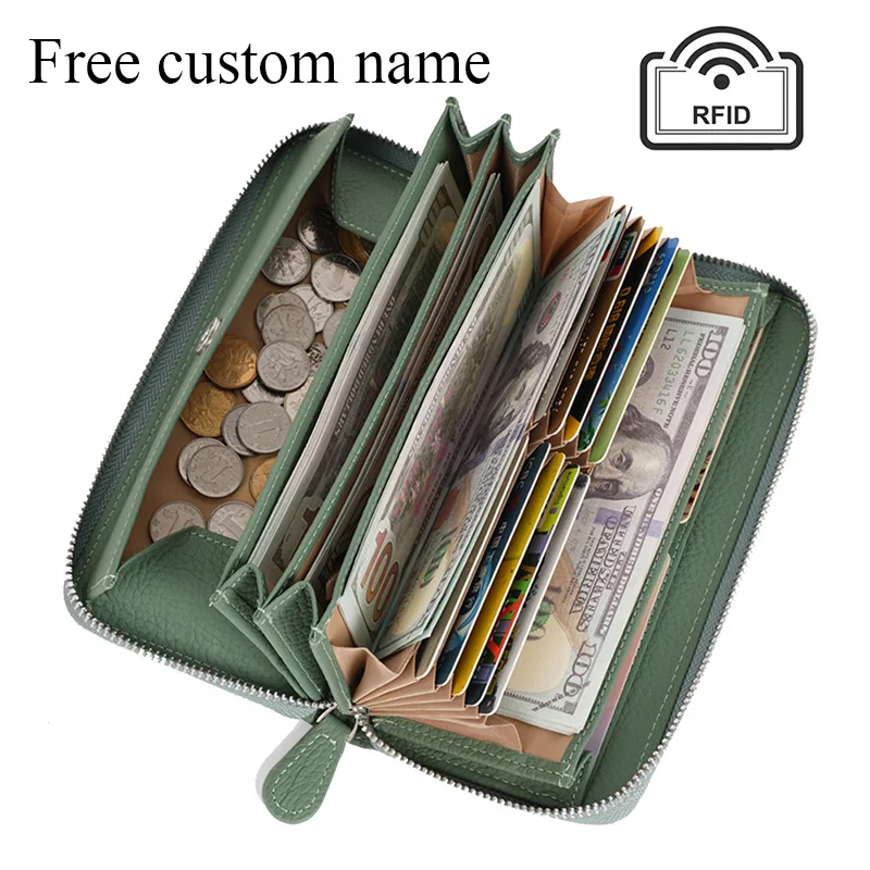 Free Custom Genuine Leather Wallet for Women Large Capacity Zipper Long Ladies Wallet Fashion Handbag Coin Purse Card Holder DIY