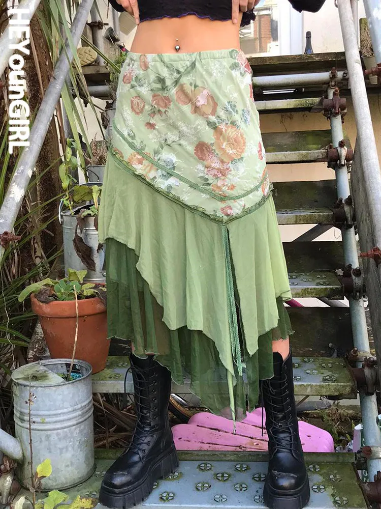 

HEYounGIRL Lace Patchwork Vintage Long Skirt Irregular Y2K Floral Printed High Waist Casual Aesthetic Cute Mid Skirts Streetwear