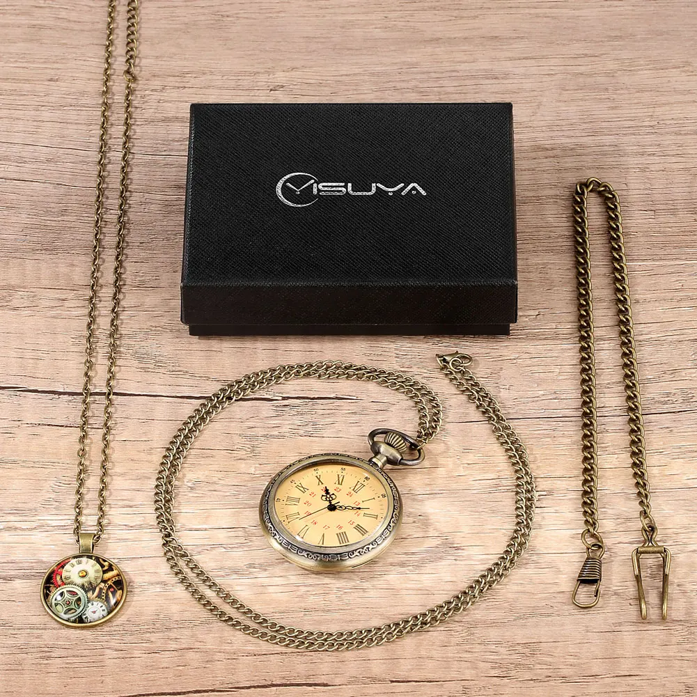 Luxury Gold Necklace Pocket Watch Men Gift Set without Cover Design Roman Numerals Dial Steampunk Pocket Watch Reloj De Bolsillo