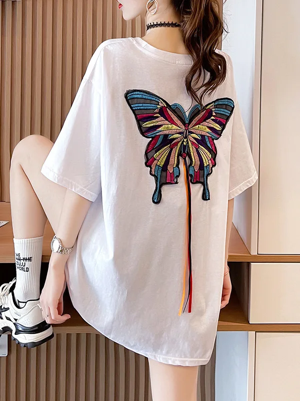 

New 2023 Summer Butterfly Design Red Embroidery White Short Sleeve T-shirt Women's Korean Fashion Long Women's Oversized IXMS