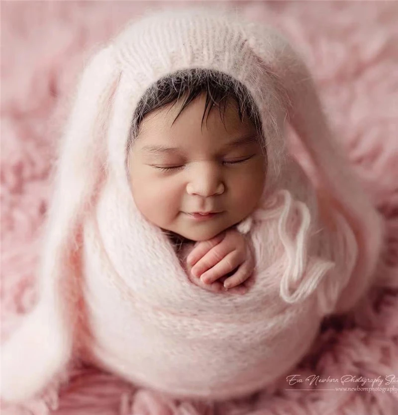 Dvotinst Newborn Baby Photography Props Knitting Mink Handmade Furry Rabbit Hat Wrap Fotografia Accessories Studio Photo Props enlarge