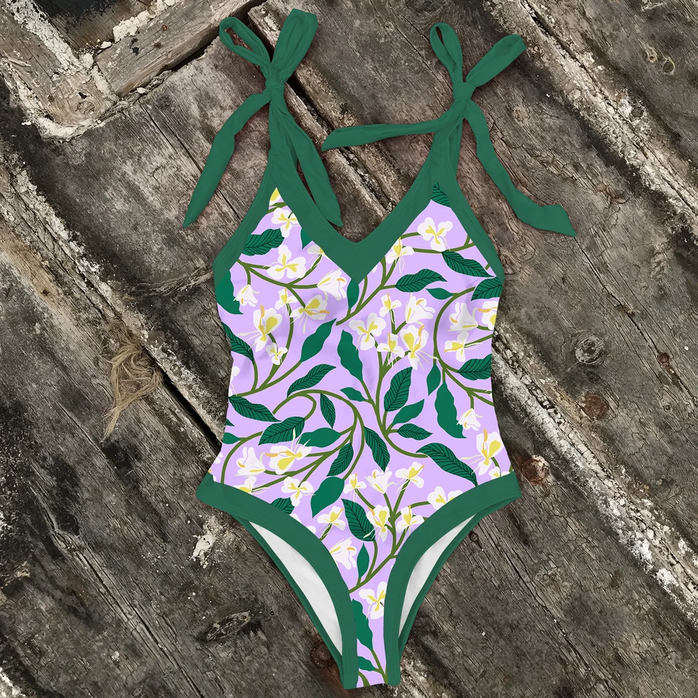 Слитный купальник с бантом и завязками на плечах абстрактным принтом монокини