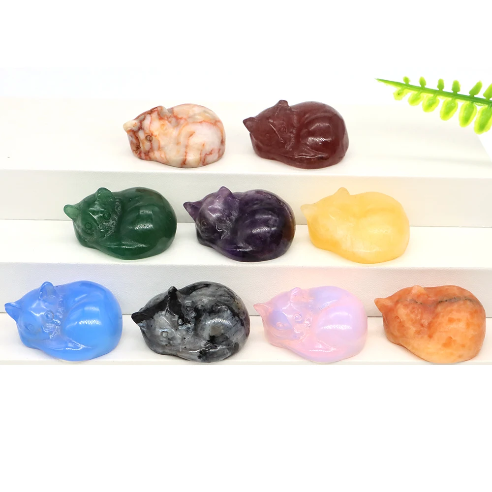 

1.2" Cute Sleeping Cat Statue Natural Stone Crystal Carved Healing Animal Figurine Gemstone Crafts Home Decoration Holiday Gift