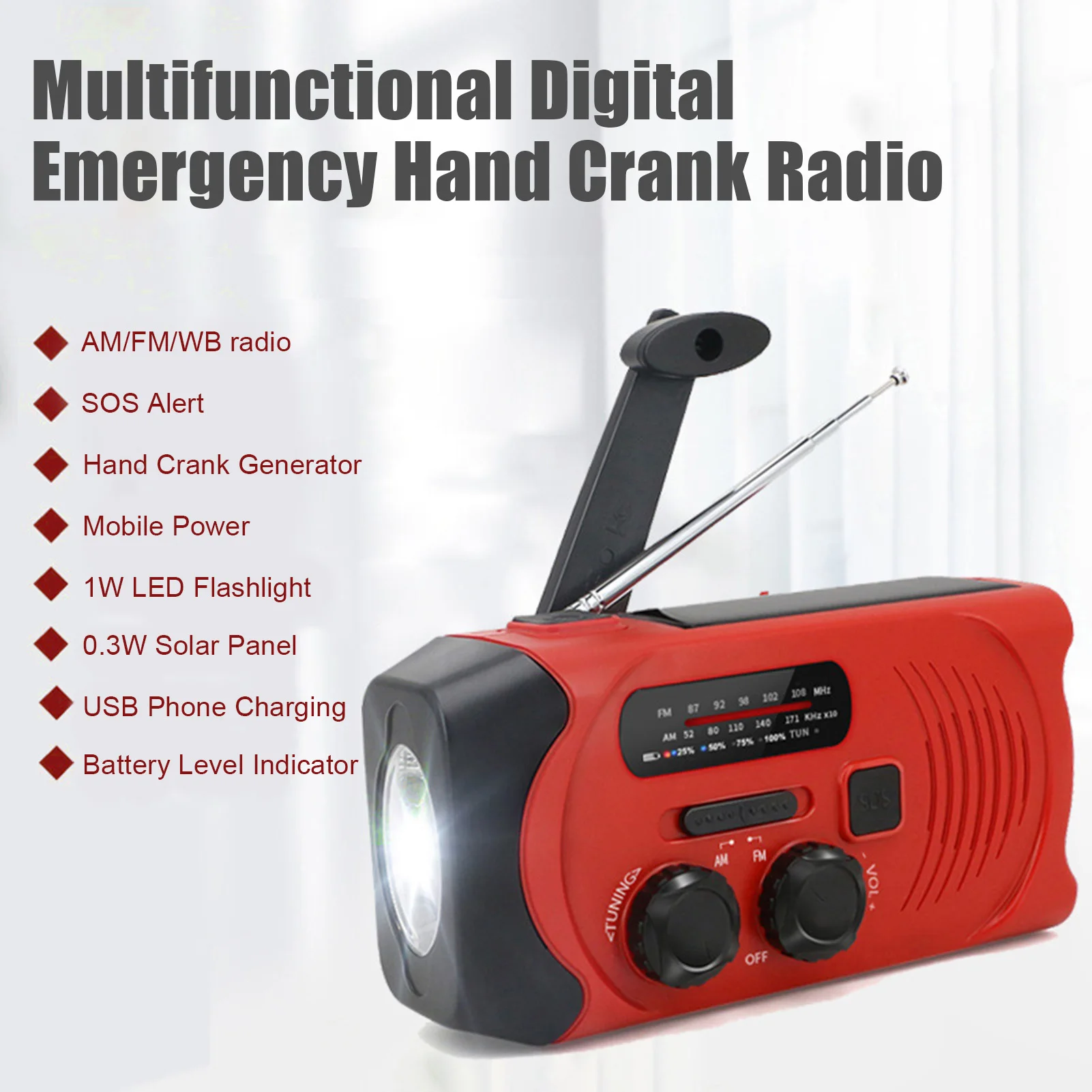 

Hand Crank Flashlight Survival Weather Alert Radio 2000mAh Survival Solar Hand Crank Flashlight AM/FM/WB Portable Emergency