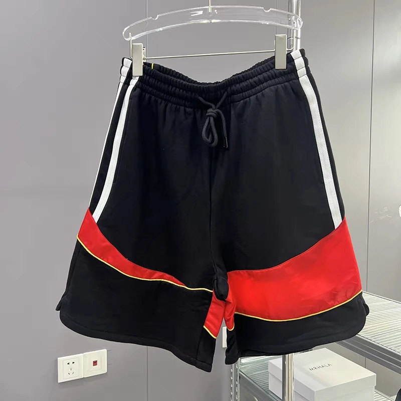 

2023ss Vintage Striped Red Patchwork Mesh Shorts Men Women Oversized Breeches