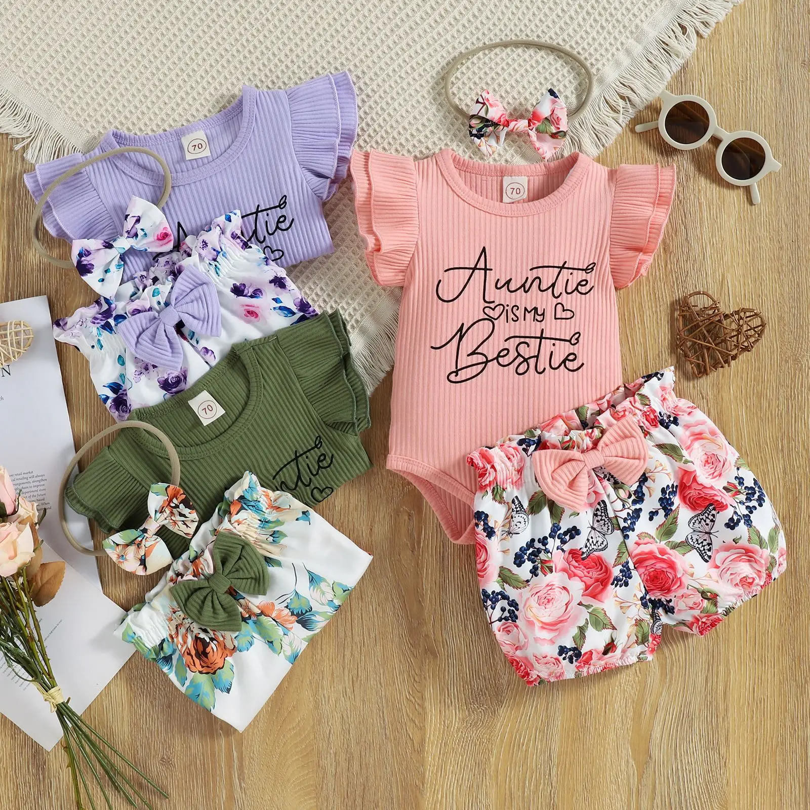 2023 New Baby Summer Clothing Newborn Baby Girl Letter Pit Striped Jumper+Floral Shorts+Headband 3Pcs Outfits Set Infant Toddler
