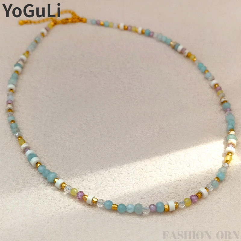 

Trendy Jewelry Senior Sense One Layer Pretty Square Round Purple Green Glass Bead Necklace For Women Female Gift Hot Sale