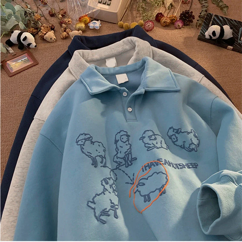 

Harajuku преппи милые комиксы Альпака мультфильм принт Поло рубашка свитер с длинным рукавом Свободные повседневные студенты кавайная зимняя ...