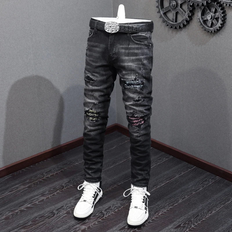 Fashion Streetwear Men Jeans Retro Black Gray Elastic Stretch Skinny Ripped Jeans Men Patched Designer Hip Hop Brand Pants Homme