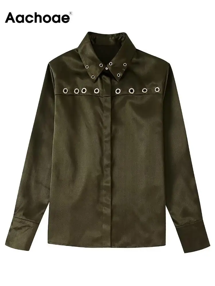 

Aachoae Women Fashion Solid Color Blouses Shirts Casual Turn Down Collar Long Sleeve Tops Ladies Single Breasted Blouses