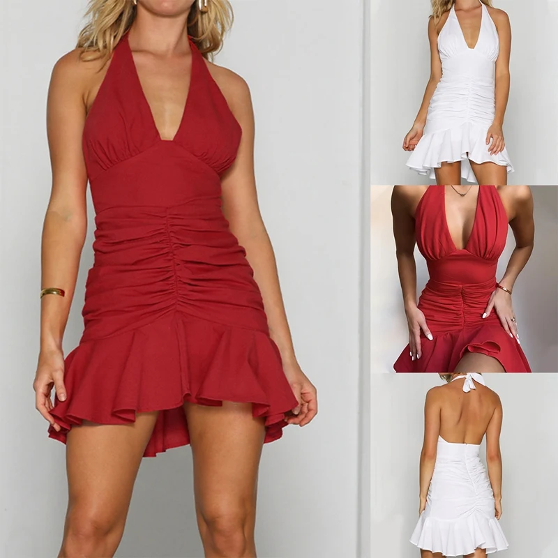 

Women's Halter Lace Ruffle Short Skirt High Waist Slim Summer Sexy Dress